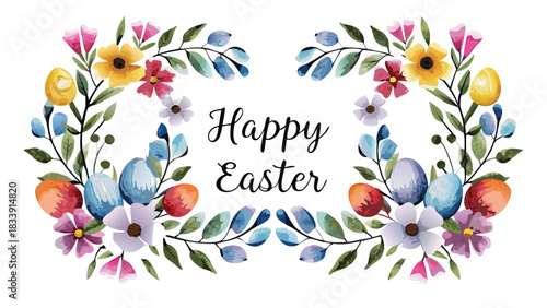 Happy easter greeting card with a delicate watercolor floral wreath featuring colorful eggs and spring blossoms on a white background
