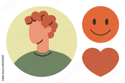 Abstract person portrait with curly hair in circular backdrop alongside cheerful happy face and heart shape. Ideal for self-expression, positivity, emotions, mental health, relationships, self-care