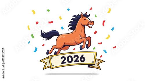 Happy Horse Jumping Over 2026 Banner Vector