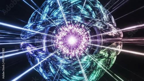 Abstract Orb of Colorful Particles With Glowing Center and Radial Light Streaks