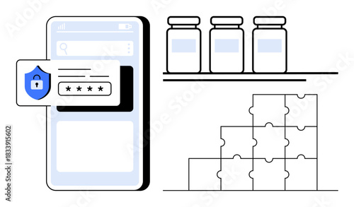 Data security concept. Data protection with password lock and smartphone interface. Organization with storage jars and puzzle blocks. Ideal for technology, security, storage, and workflow . Broad