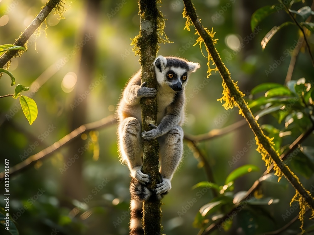 Fototapeta premium Ring tailed lemur perched on tree branch illuminated by sunlight