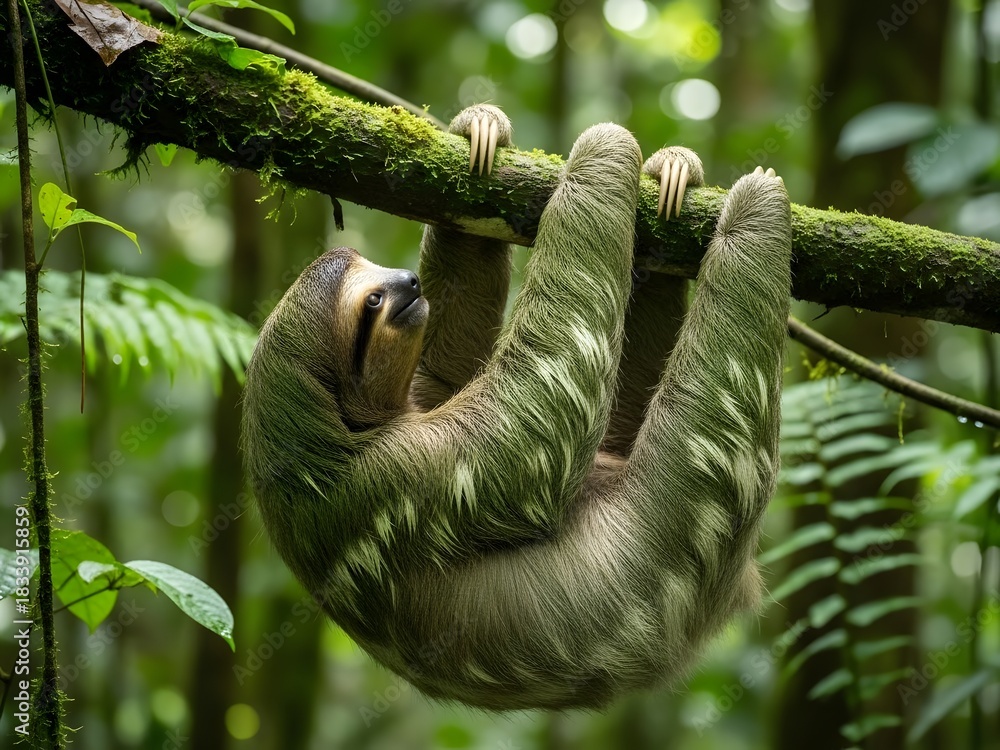 Naklejka premium Sloth hanging from tree branch in natural environment with lush foliage