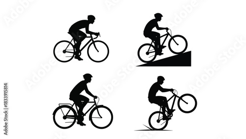 Set of four black silhouettes depicting various cycling activities, including road biking, mountain biking uphill, casual riding and performing a wheelie