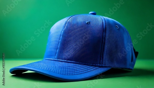 Blue baseball cap on a green background, studio shot.