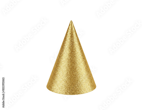 Golden Party Hat With Curved Base and Sparkling Glitter Highlights, Front-Facing View, Isolated on Transparent Background