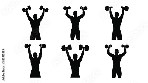 Black silhouettes of men lifting dumbbells overhead, demonstrating strength training and fitness exercises
