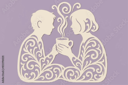 Stencil couple enjoying coffee with decorative curls. A decorative element for cutting, printing, and decorating windows.