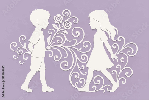 Stencil of a boy and a girl with a floral pattern. A decorative element for cutting, printing, and decorating windows.  