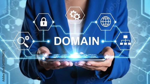 Domains name registration internet website hosting technology on smartphone. Man holds smartphone with domain word on display. 4k video