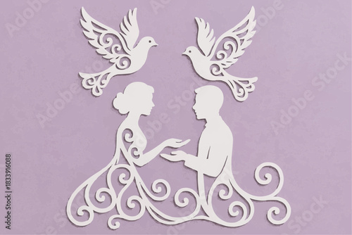 Stencil of newlyweds with pigeons. A decorative element for cutting, printing, and decorating windows.
