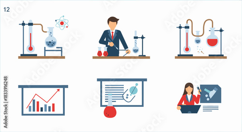 Illustrations of scientific experiments, a scientist, and data presentations, all in a flat design style.