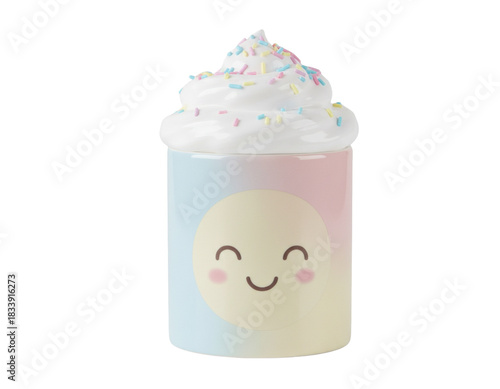 Cute Smiling Mug With Whipped Cream Swirl, Front View With Even Lighting, Isolated on Transparent Background