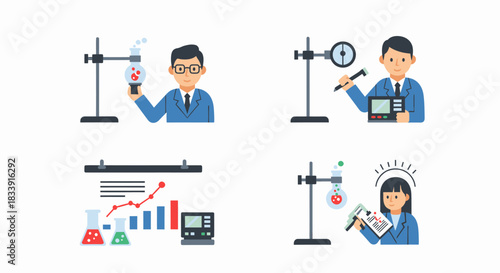 Four illustrations depict scientists conducting experiments, analyzing data, and recording results in a laboratory setting.