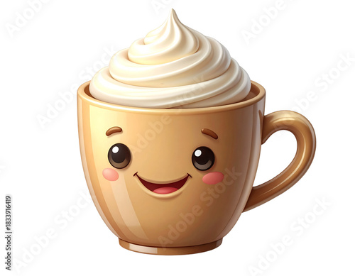  Smiling Character Mug With Tilted Whipped Cream Topping, Angled Side View, Isolated