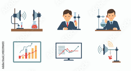 A collection of illustrations depicting science, business, and data analysis concepts.