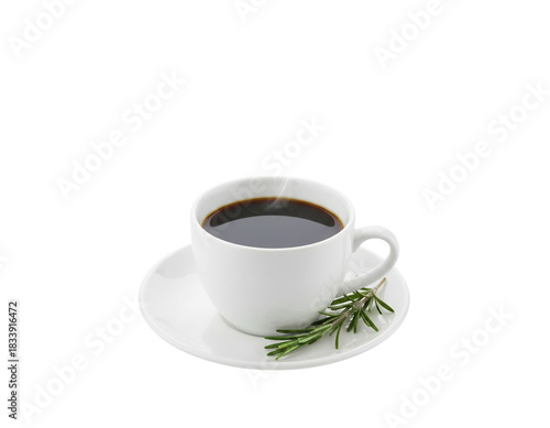 Black Coffee Cup With Rosemary Sprig on Saucer, Clean Front View, Isolated on Transparent Background