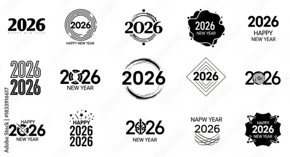 Fototapeta premium 2026 logo concept for calendar, poster, flyer, banner. Modern design for calendar, invitations, greeting cards. Set of new year logo text design. stock illustration