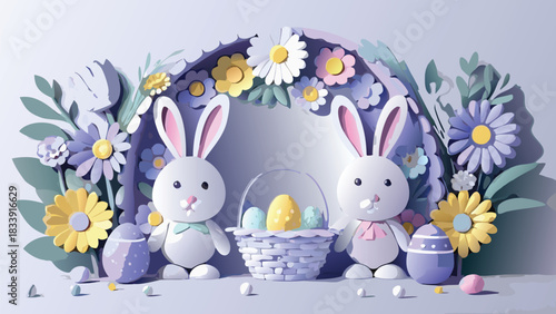 Charming easter scene with two adorable white bunnies surrounded by a colorful paper flower arch and decorated easter eggs in a basket