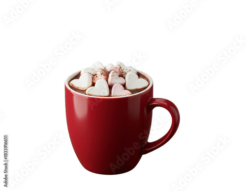 desiRed Mug Filled With Heart-Shaped Marshmallows in Hot Chocolate, Front View, Isolated on Transparent Background