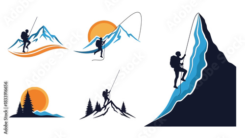 Vector illustration set of outdoor adventure logos featuring mountain climbing, hiking, and fishing against scenic landscapes