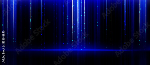 Abstract digital tech background with glowing blue vertical lines and scattered light particles on dark surface. Data pattern with futuristic ai interface atmosphere for modern technology design.