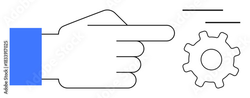 Minimalist hand pointing toward gear mechanism, symbolizing control, automation, collaboration, progress, productivity, efficiency, and technological innovation. Perfect for simple flat metaphor