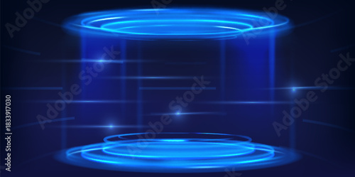 Futuristic round digital technology podium. Vector realistic illustration of neon blue circular holographic platforms with light effects, data portal, space laboratory design, cyber security system