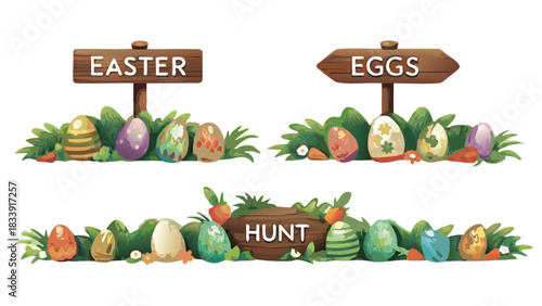 Whimsical easter egg decorations with wooden signs pointing to easter eggs and hunt nestled in green grass and surrounded by carrots and small white flowers