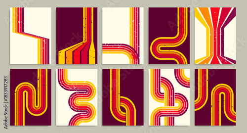 Retro groovy backgrounds with curved lines and geometric patterns in warm 70s and 80s color stripes and waves. Vintage grain textured disco posters or creative covers for nostalgic design projects.