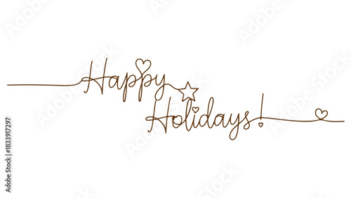 Minimalist continuous line art 'Happy Holidays!' elegant festive greeting card design element with decorative star and hearts