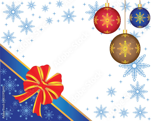 Christmas theme background vector design with a white, blue, and golden yellow color composition and there are three brown, blue, and red Christmas balls and a golden red ribbon at the bottom.