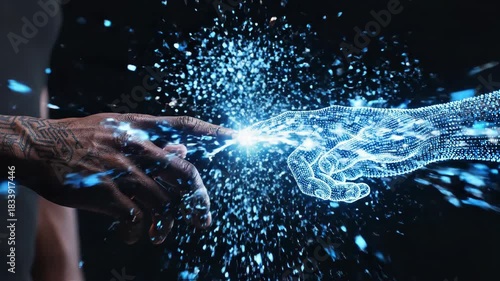 Human hand reaching toward holographic counterpart in close-up sequence. Digital touch sparks energy burst. Futuristic interface connecting real and virtual worlds for technology advertising.