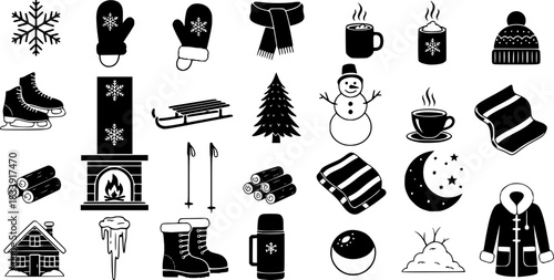 Winter Season Graphic Icons Collection in Black and White Style
