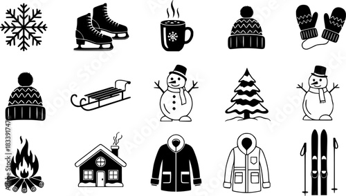 Winter Season Graphic Icons Collection in Black and White Style
