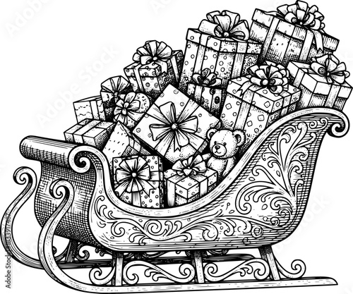 Sleigh full of gifts, engraving art design
