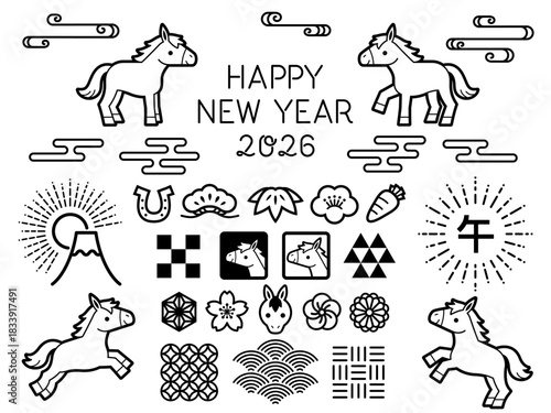 午年の線画スタンプとアイコンセット