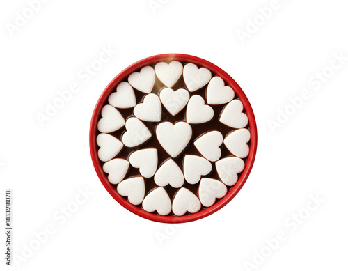 Top-Down View of Red Mug With Heart Marshmallows, Minimalist Romantic Composition, Isolated