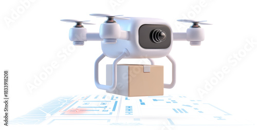 3d vector illustration of white quadcopter delivery drone carrying cardboard box above abstract digital city map with gps route representing autonomous last mile shipping and smart ecommerce logistics