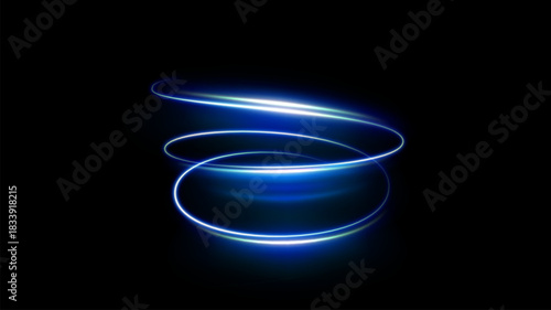 Vector illustration of dynamic, glowing spiral in vibrant neon colors (blue, purple, pink) on checkered grid. Retrofuturistic aesthetic of synthwave, outrun, and 80s retro gaming. Light spiral element