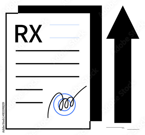 Signed prescription document paired with bold upward arrow emphasizes growth, approval, progress. Ideal for healthcare, pharmacy, medication, authorization, progress, modern medicine growth