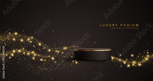 Black Gold cylinder podium. Golden Luxury Podium in the Dark Room for mockup products, promotion display. Black Studio Scene Background. Vector illustration