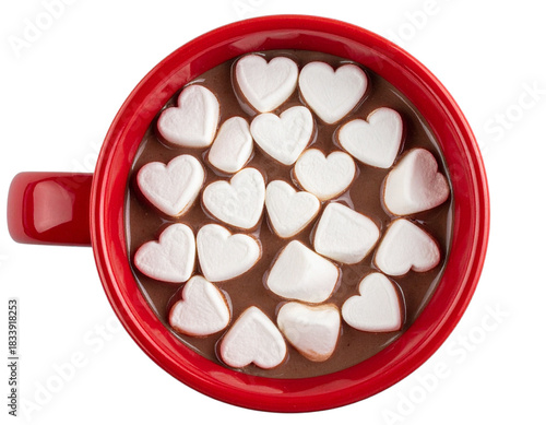  Top-Down View of Red Mug With Heart Marshmallows, Minimalist Romantic Composition, Isolated
