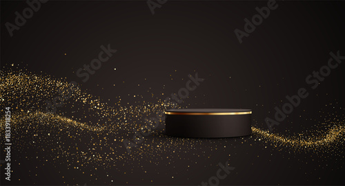 Black Gold cylinder podium. Golden Luxury Podium in the Dark Room for mockup products, promotion display. Black Studio Scene Background. Vector illustration