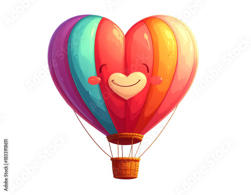 Cute Cartoon Heart Hot Air Balloon with Clouds, Front View, Isolated
