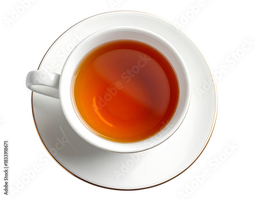  Top-Down View of Porcelain Teacup Filled with Tea, Saucer Underneath, Isolated