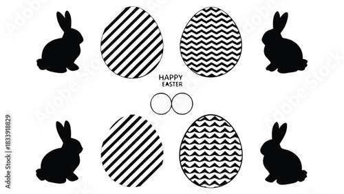 A minimalist black and white illustration featuring four silhouetted easter bunnies and four decorative easter eggs with striped and zigzag patterns centered around the words happy easter