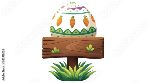 A whimsical easter egg decorated with carrots and geometric patterns sits atop a wooden signpost surrounded by lush green grass and small sprouts on a white background