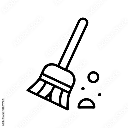 Cleaning broom with dust particles in minimal line art style  