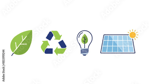 Eco and Sustainability Icon Set – Leaf, Recycling, Green Energy, and Solar Panel on Transparent Background